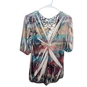 Simply Irresistible Blouse Women's Medium Colorful Lace Crochet V-Neck Y2k